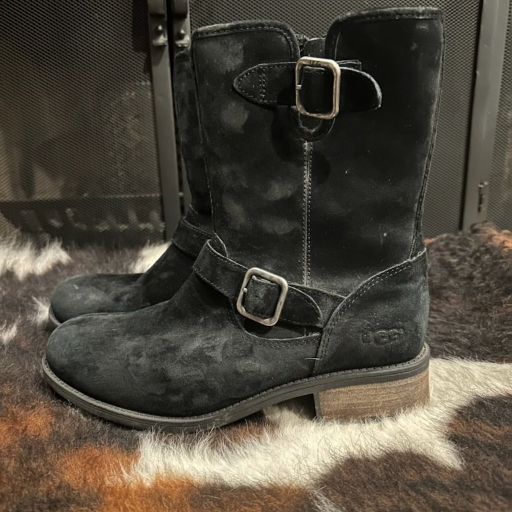 UGG Chaney Boots Black Suede Buckle Motorcycle Biker Moto Engineer Winter Lined